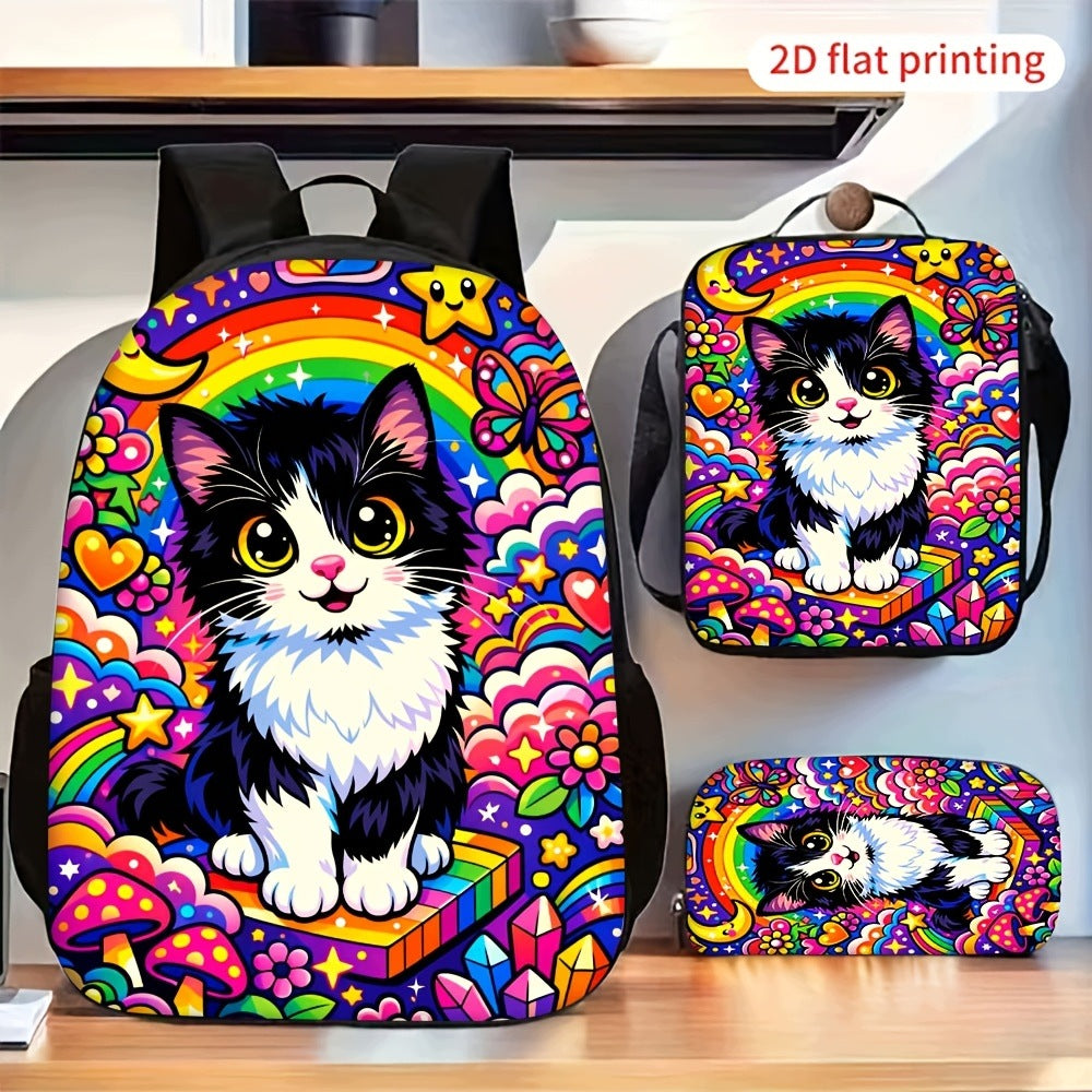 Cute Black & White Cat Rainbow Floral 3-Piece Backpack Set with Pencil Case