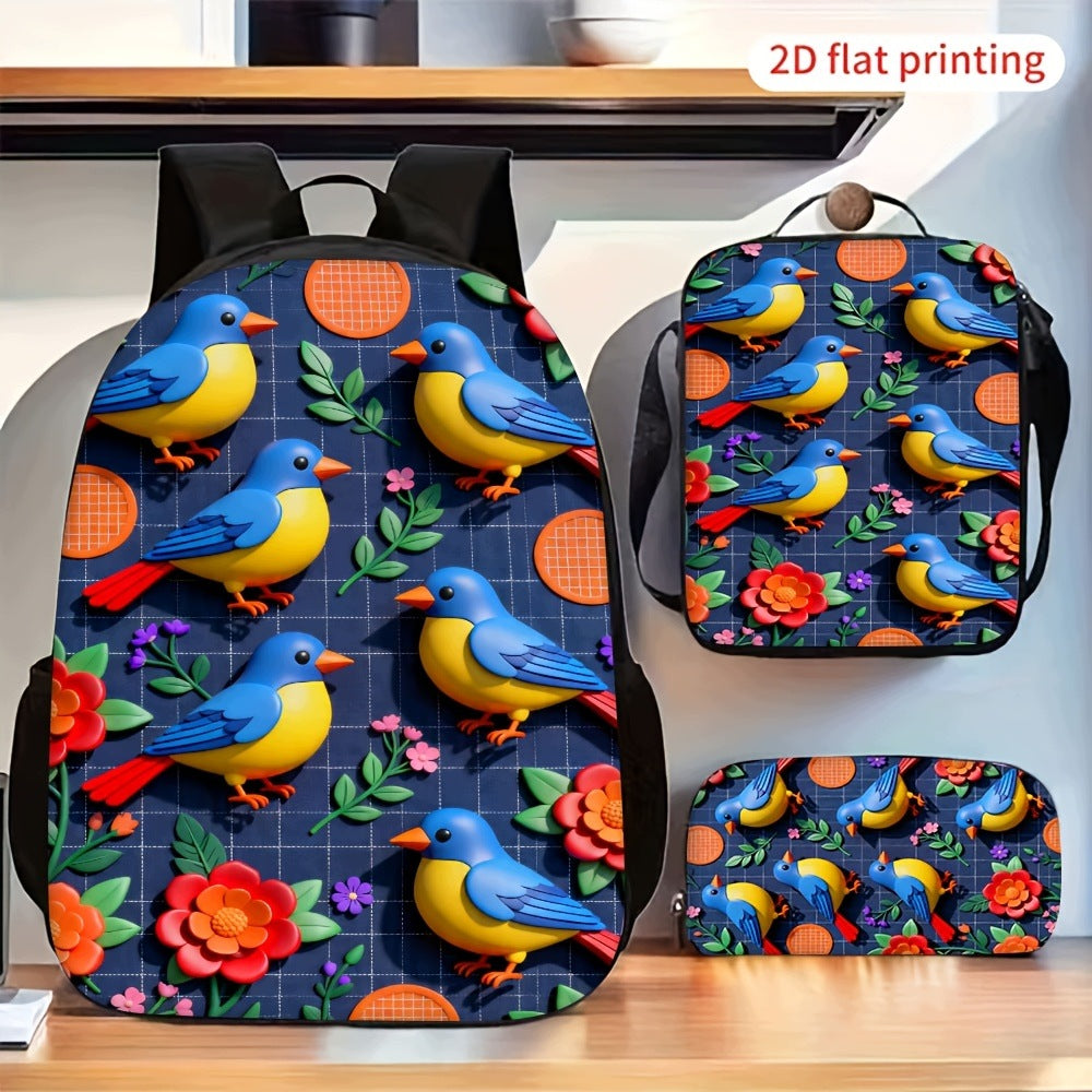 Cute Blue Bird Flower 3-Piece Backpack Set