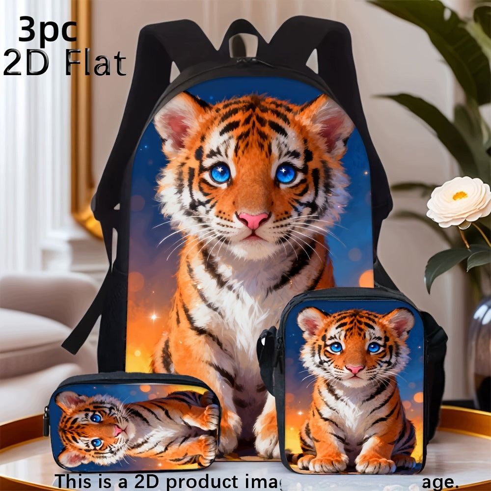 Cute Blue-Eyed Tiger Print 3-Piece Backpack Set
