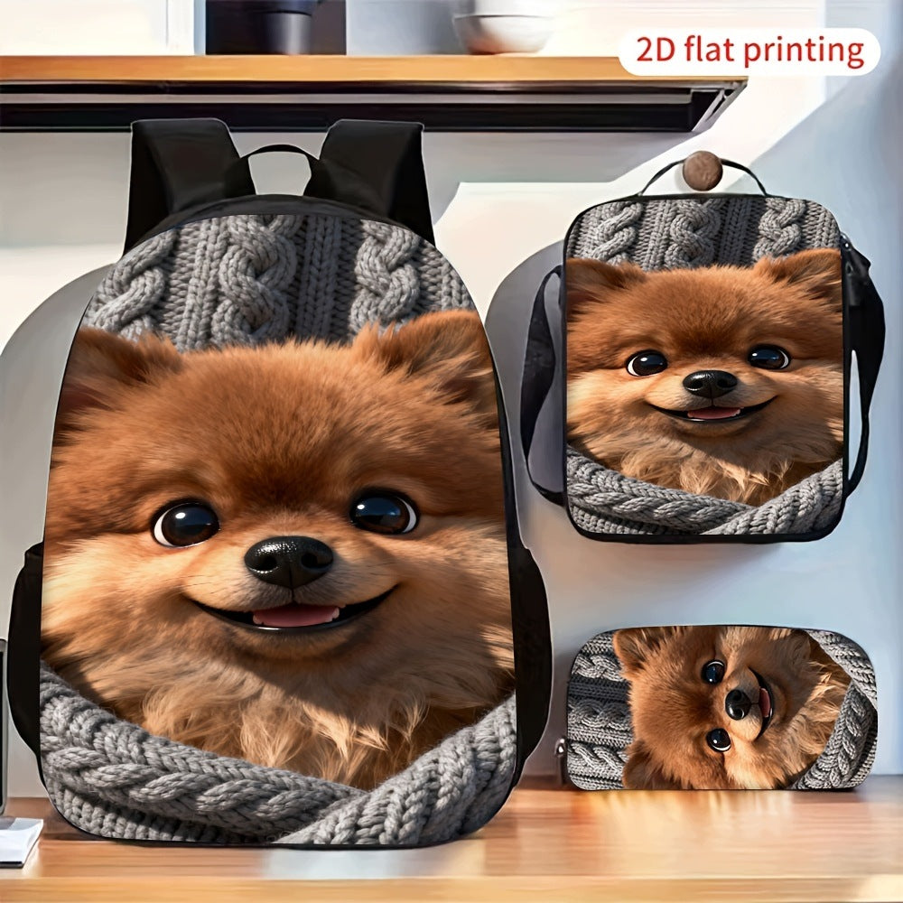 Cute Brown Pomeranian Dog Pattern Backpack Combination Set
