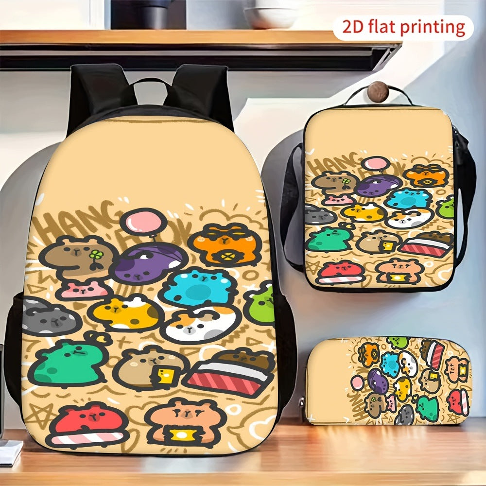 Cute Cartoon Colorful Animal Print 3-Piece Backpack Set with Lunch Bag