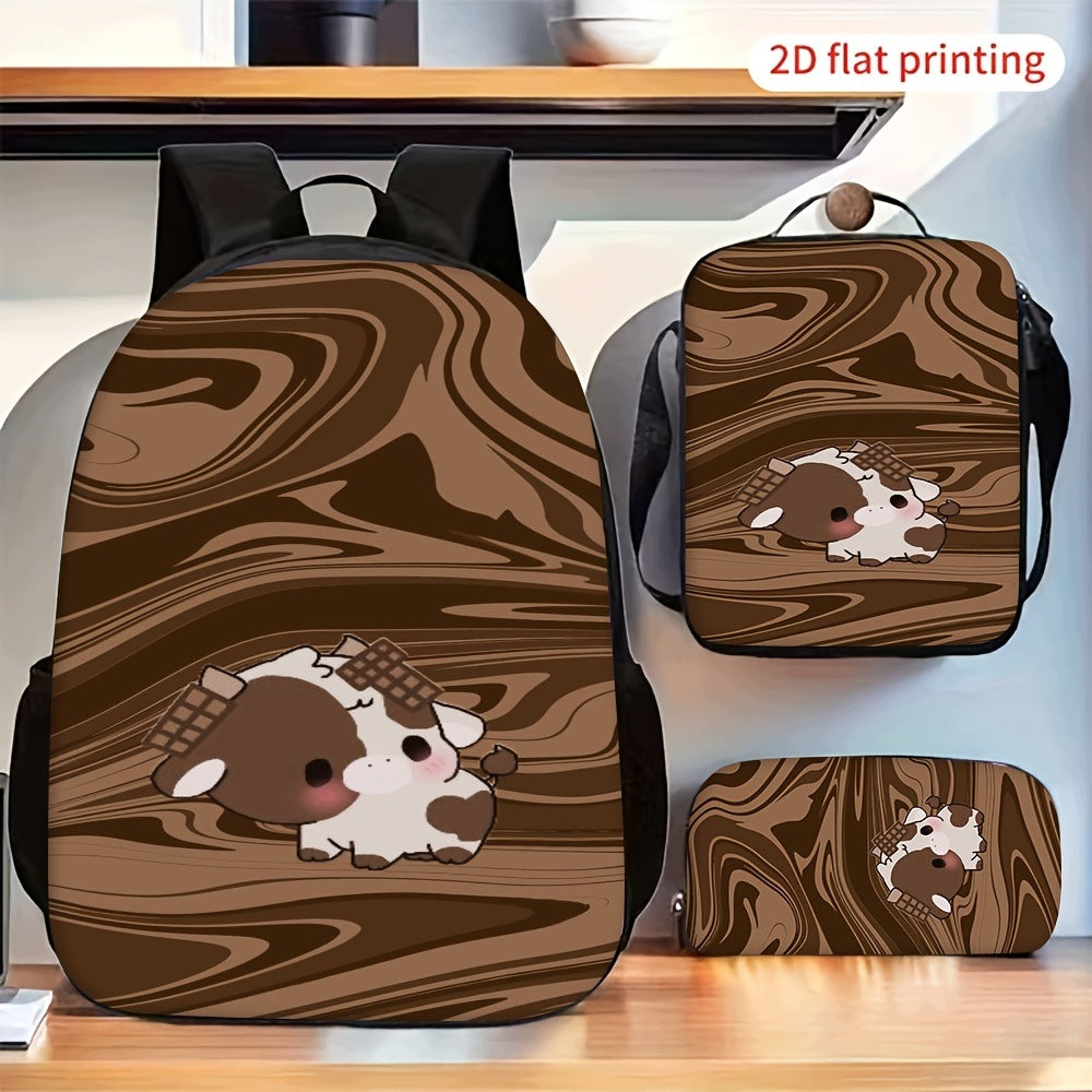 Cute Cartoon Cow Brown Marble Swirl Print Backpack Set with Lunch Bag
