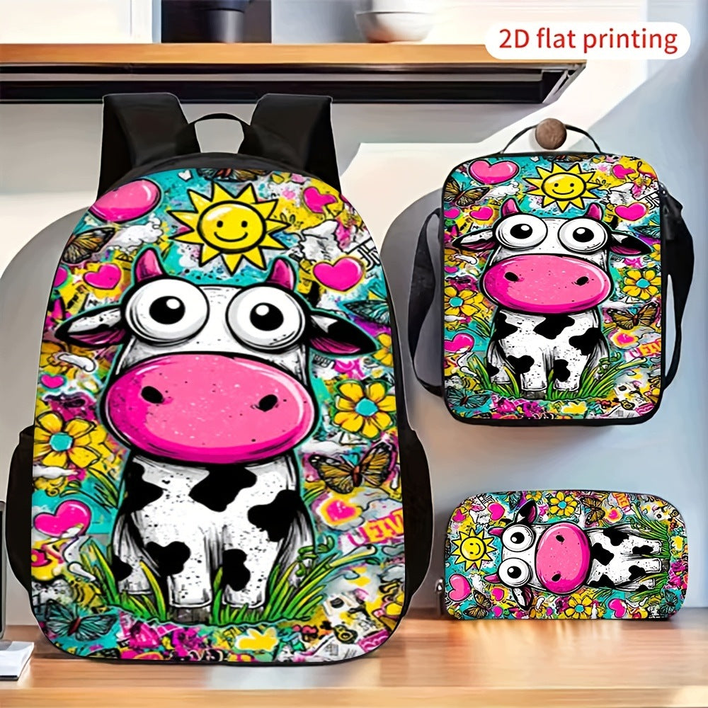 Cute Cartoon Cow Sunflower Butterfly Pattern 3-Piece Backpack Set
