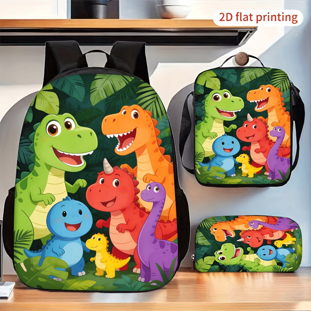 Cute Cartoon Dinosaur Pattern 3-Piece Backpack Set with Lunch Bag and Pencil Case