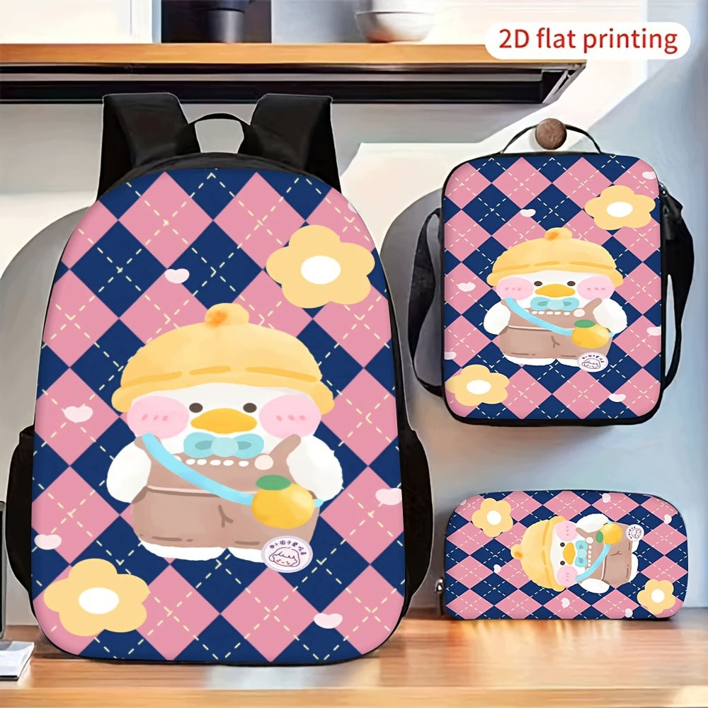 Cute Cartoon Duck Plaid 3-Piece Backpack Set - Portable