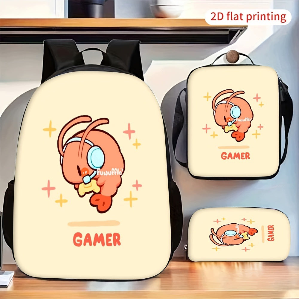 Cute Cartoon Gamer Shrimp Print Backpack Set Lunch Bag