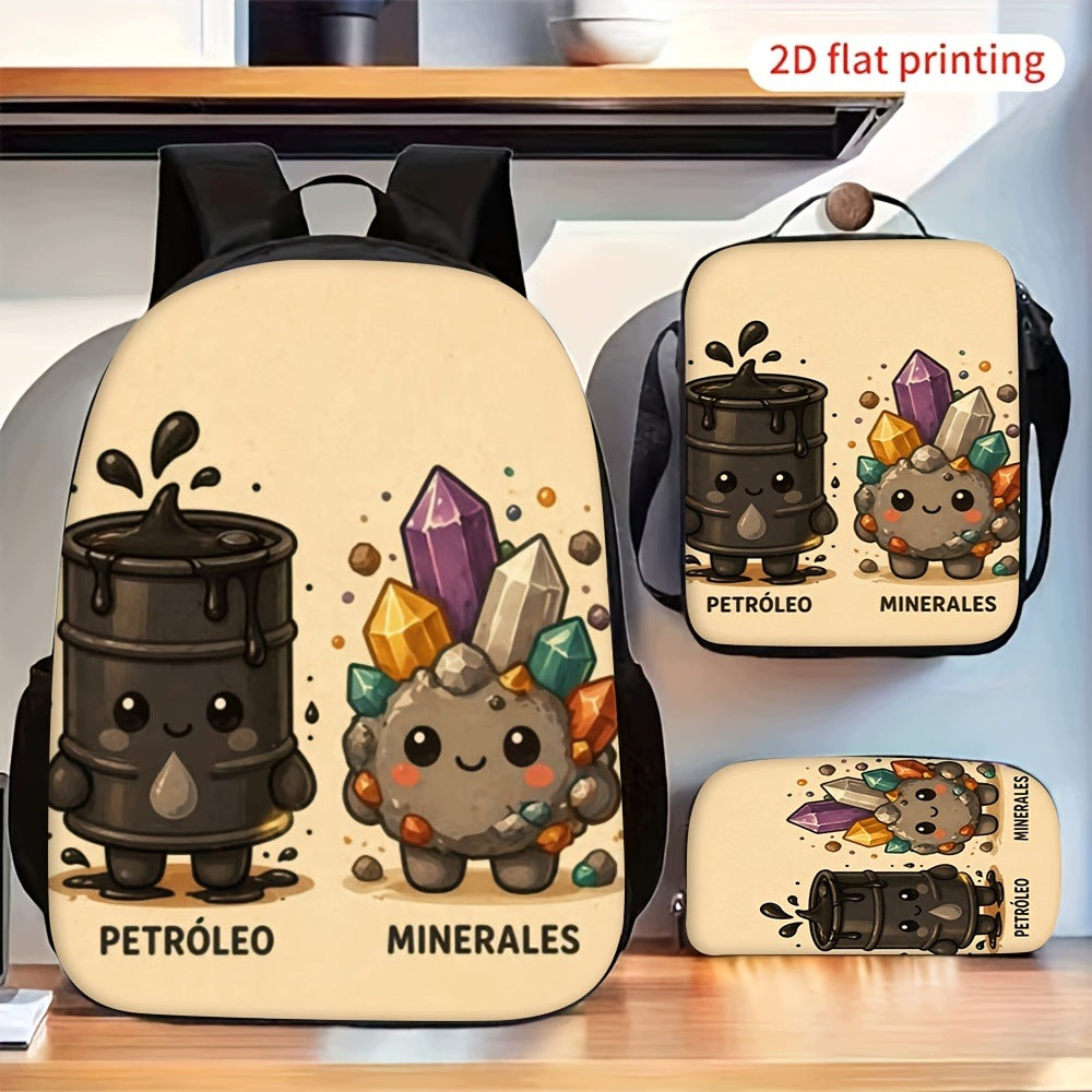 Cute Cartoon Oil and Gas Pattern Backpack Set