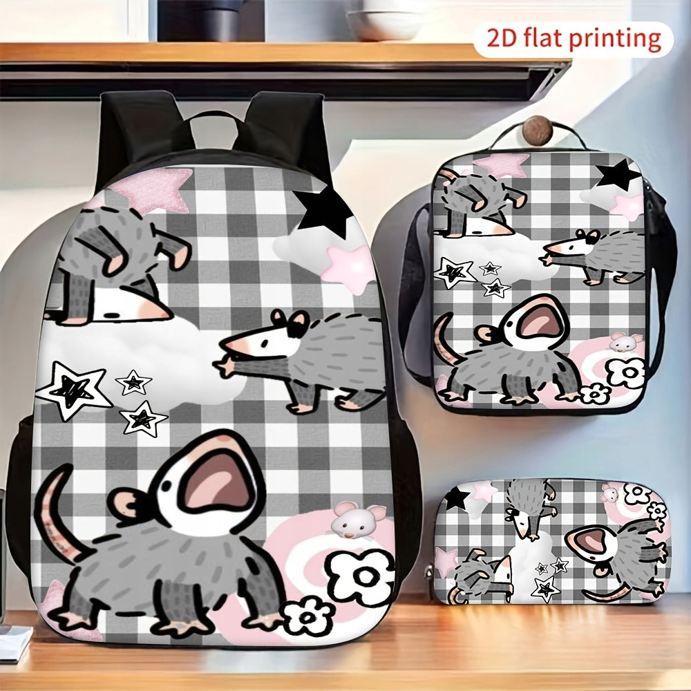 Cute Cartoon Opossum Black and White Plaid Backpack Set with Crossbody Bag and Pencil Case