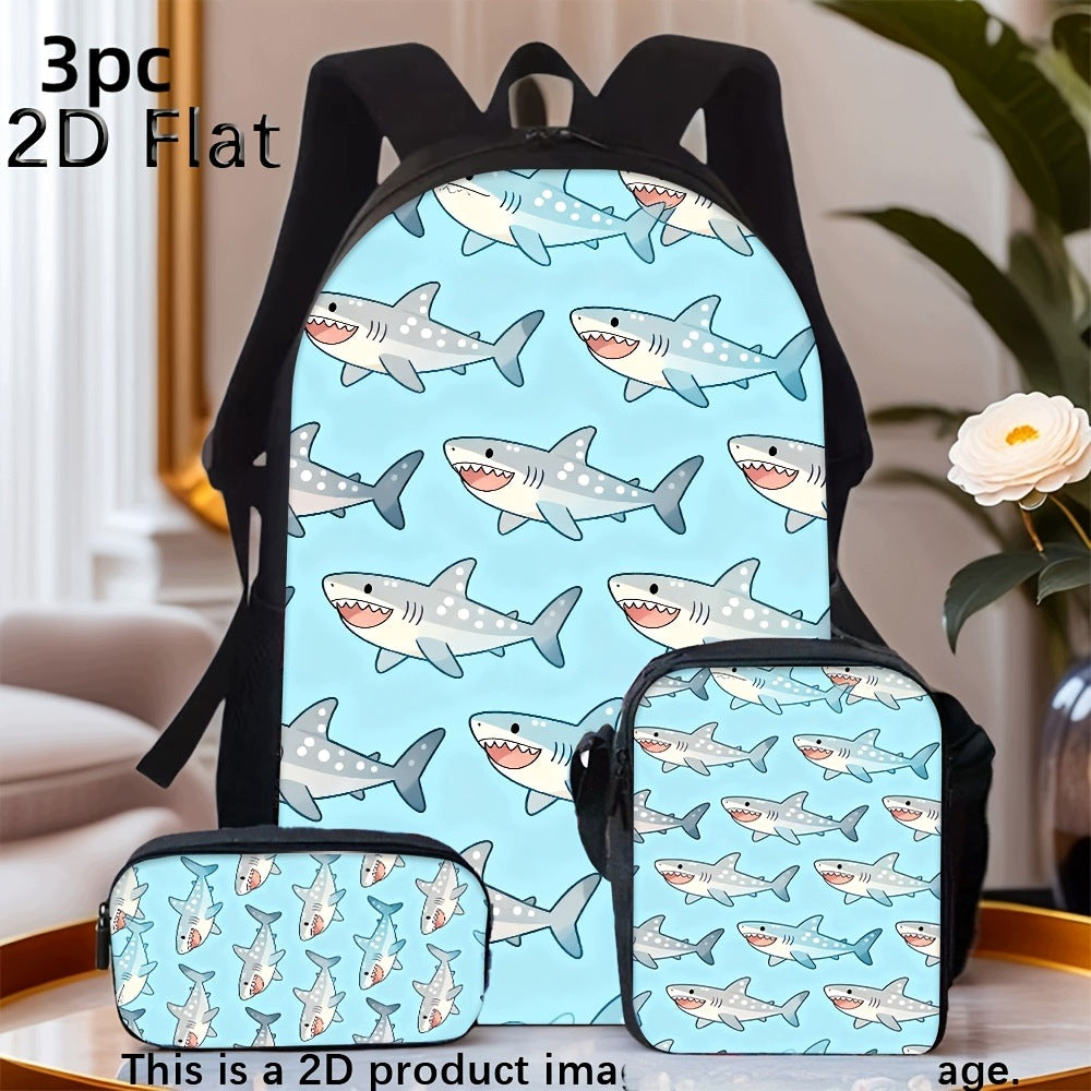 Cute Cartoon Shark Print Backpack Set - Includes Crossbody Bag and Pencil Case