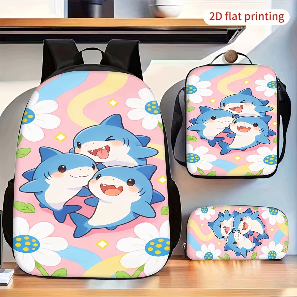 Cute Cartoon Three Sharks Daisy Floral Print Backpack with Lunch Bag
