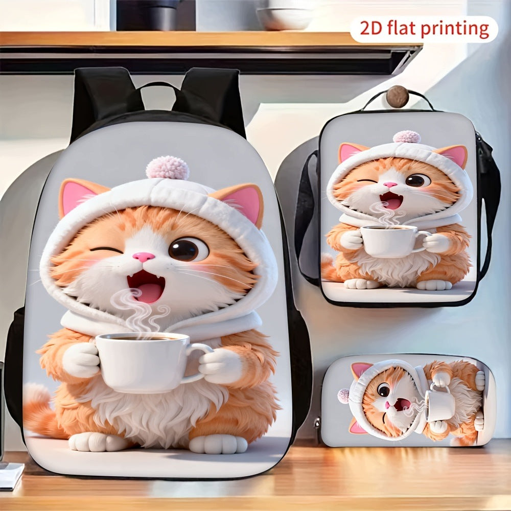 Cute Cat Pattern 3-Piece Backpack Set: Includes Backpack, Crossbody Bag, and Pencil Case