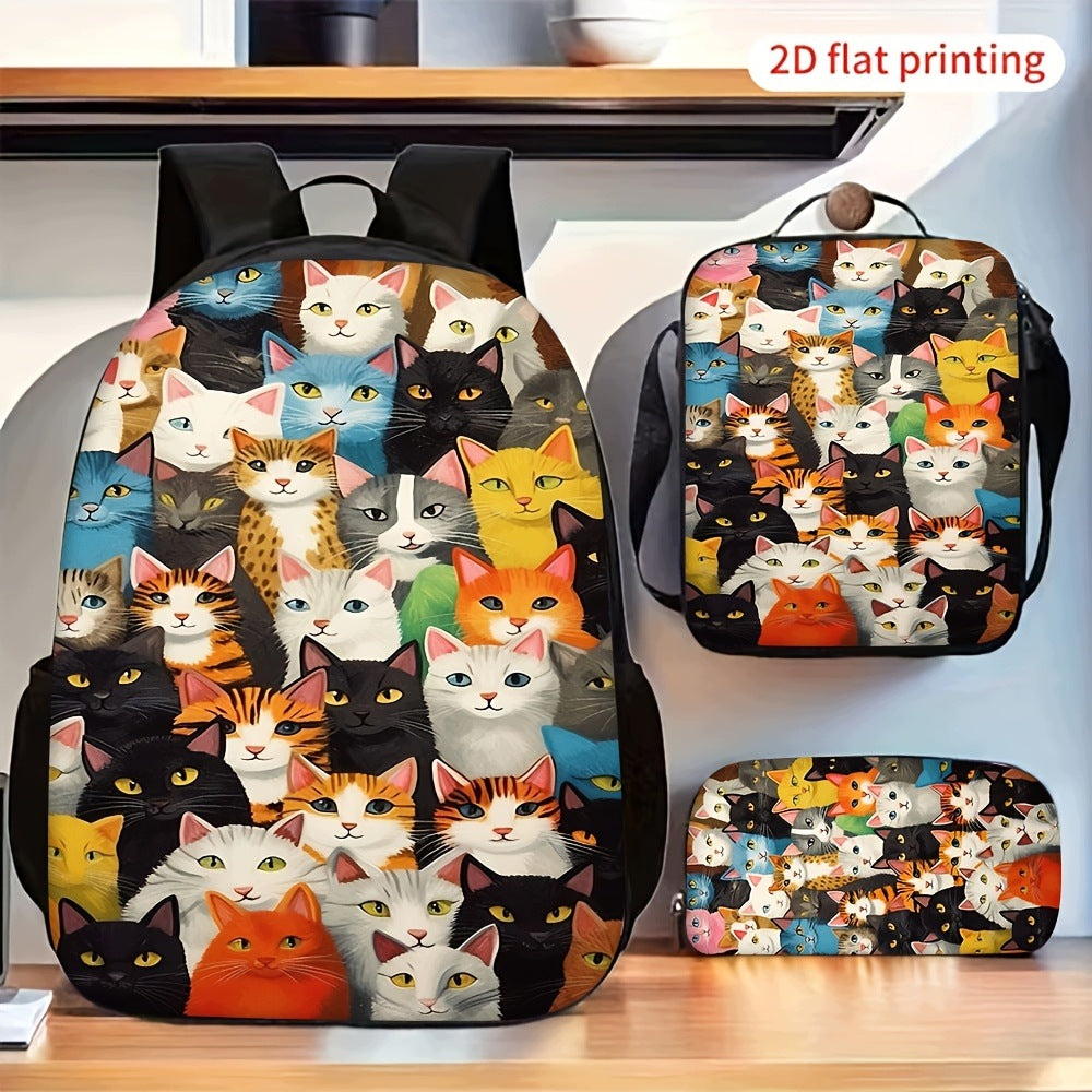 Cute Cat Print 3-Piece Backpack Set - Lightweight Storage