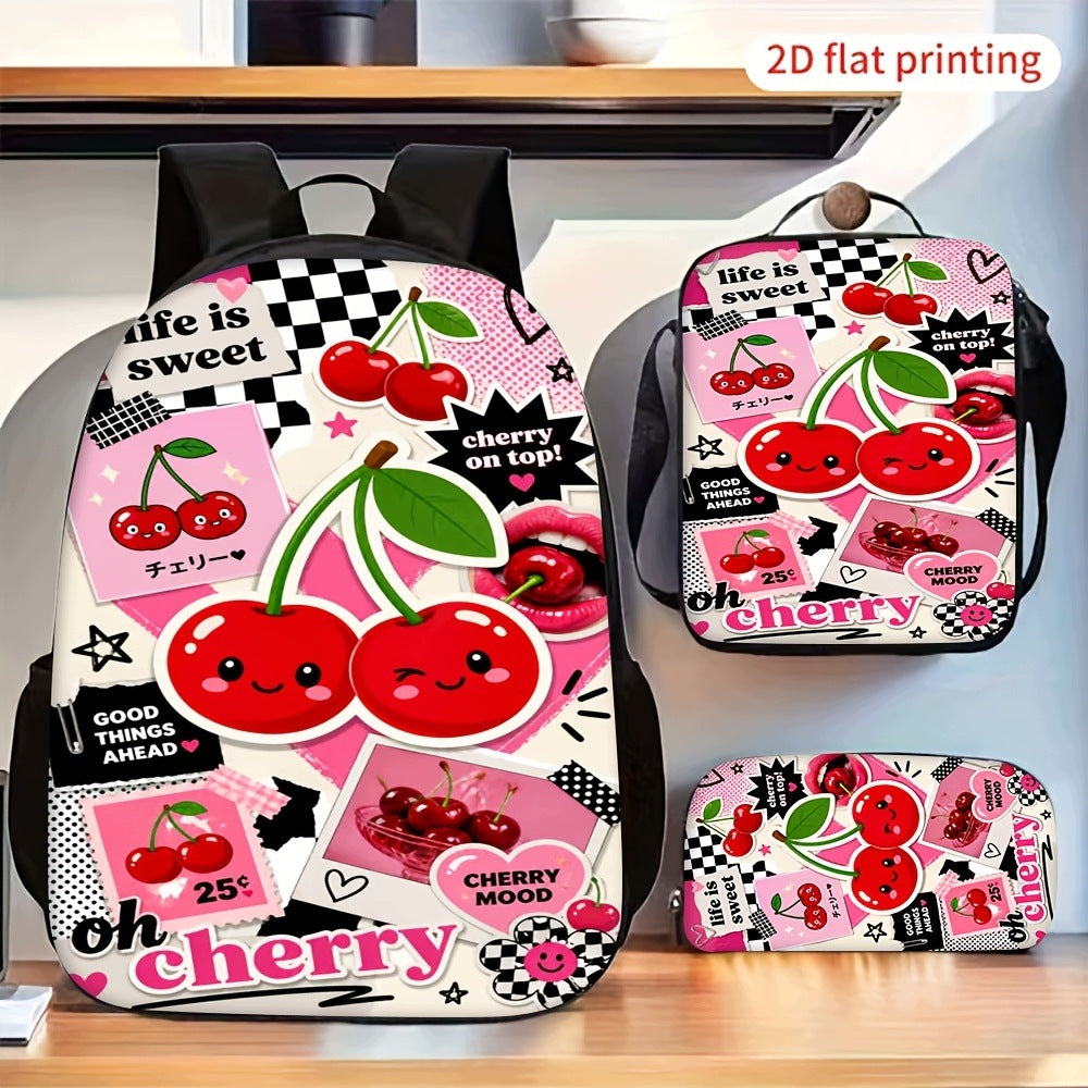 Cute Cherry Graphic Pattern Backpack Set with Shoulder Bag