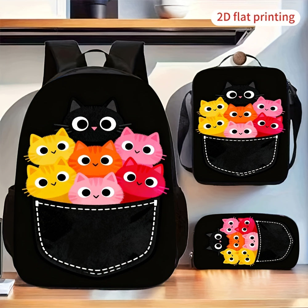 Cute Colorful Cartoon Cat Print Backpack Set
