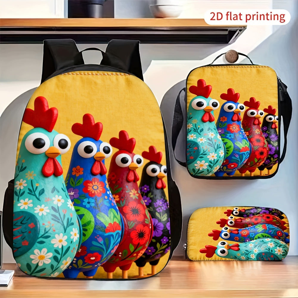 Cute Colorful Chickens Pattern 3-Piece Backpack Set