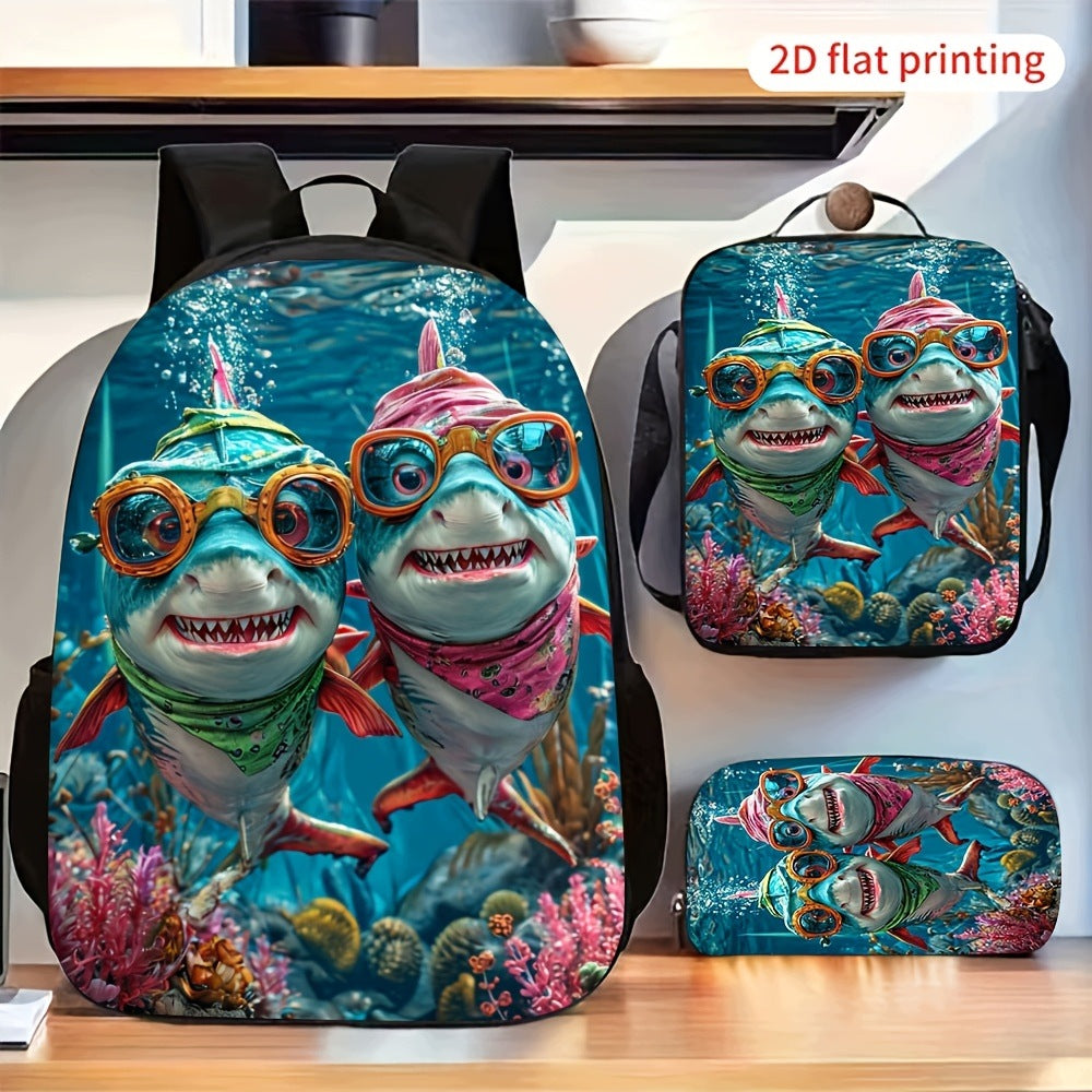 Cute Cool Sharks Pattern Backpack 2D Flat Printing Crossbody Bag Pencil Case