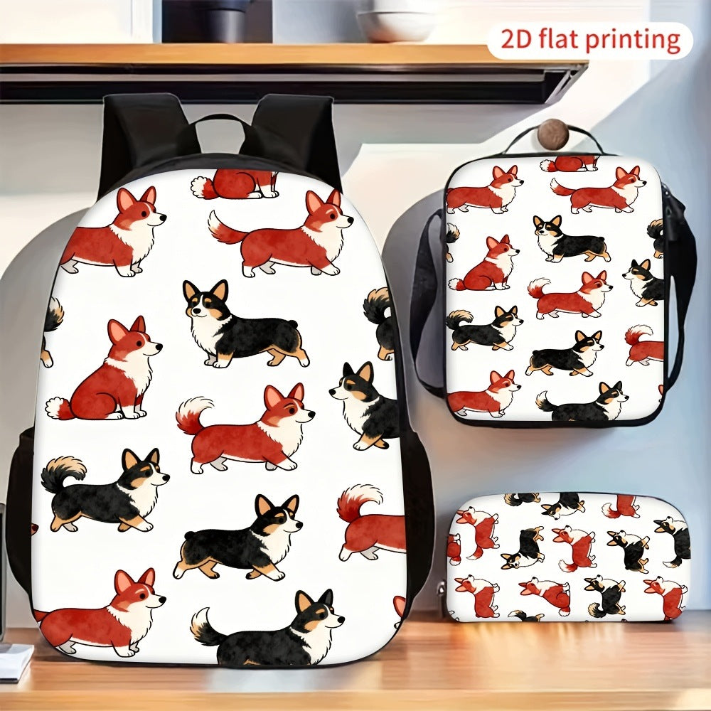 Cute Corgi Dog Pattern Print Backpack Set with Crossbody Pencil Case