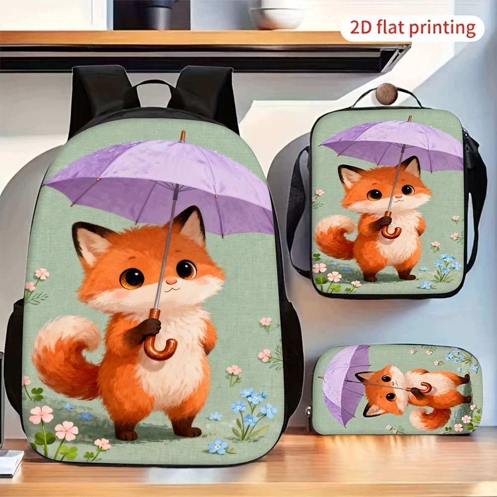 Cute Fox Holding Umbrella Print Backpack Set with Crossbody Bag