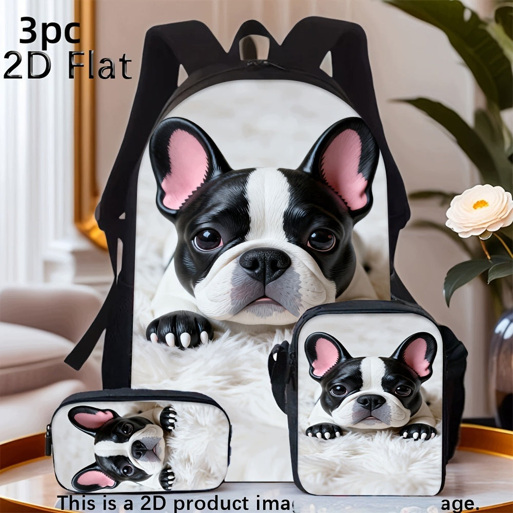 Cute French Bulldog Print 3-Piece Backpack Set with Crossbody Bag