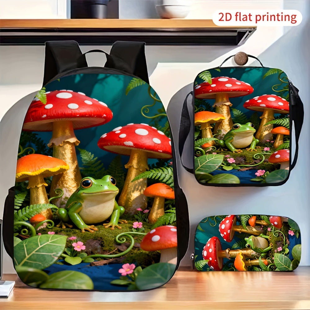 Cute Frog Red Mushroom Forest Backpack Set Shoulder Bag Pencil Case