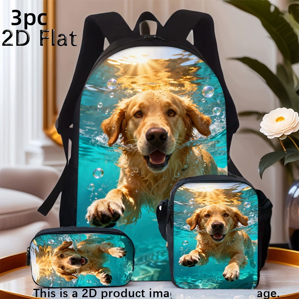Cute Golden Retriever Swimming Underwater Print 3-Piece 2D Flat Bag Set