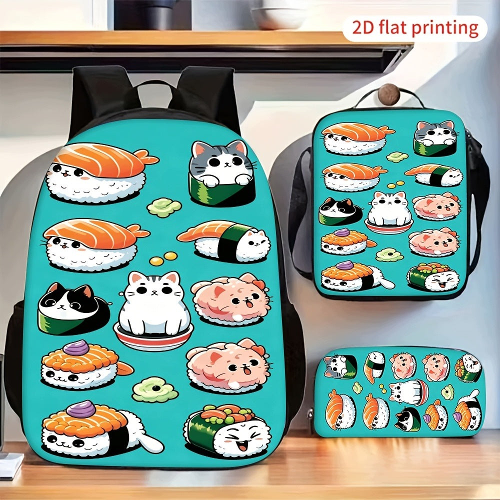 Cute Kawaii Sushi Cat Print Backpack Set with Lunch Bag and Pencil Case