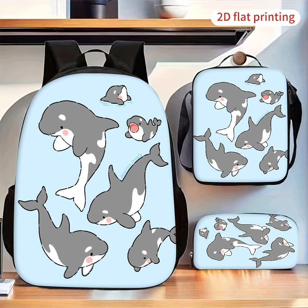 Cute Killer Whale 3-Piece Backpack Set with Lunch Bag and Pencil Case