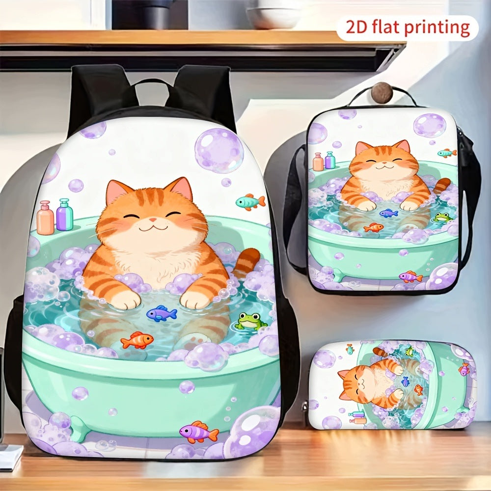 Cute Orange Cat Bubble Bath Fish Pattern Backpack Set with Crossbody Bag