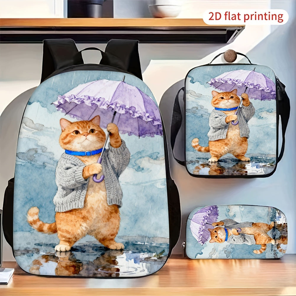 Cute Orange Cat Holding Purple Umbrella Graphic 3-Piece Backpack Set
