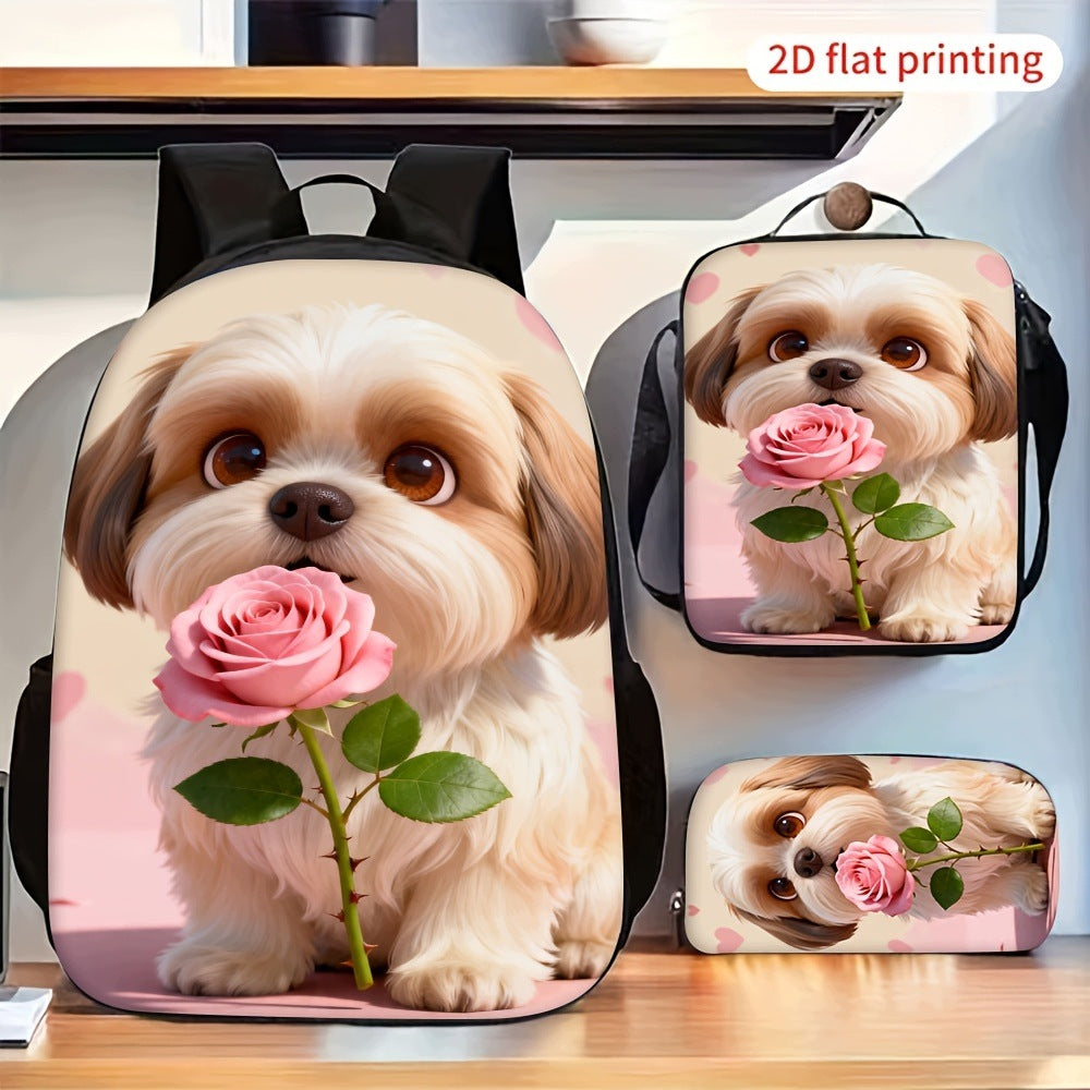 Cute Puppy Pink Rose Pattern 3-Piece Backpack Set with Crossbody Bag