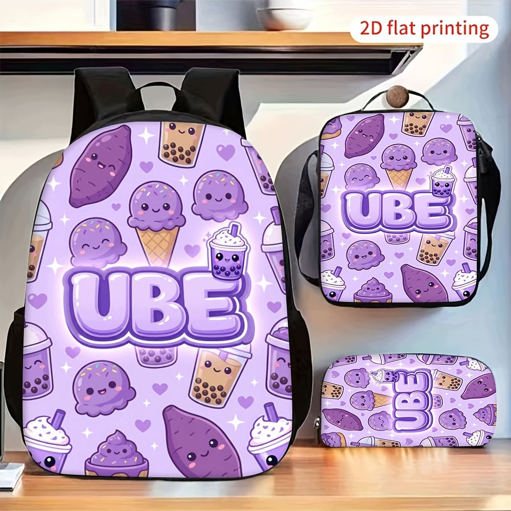 Cute Purple Cartoon Pattern Backpack Set with Crossbody Bag and Pencil Case