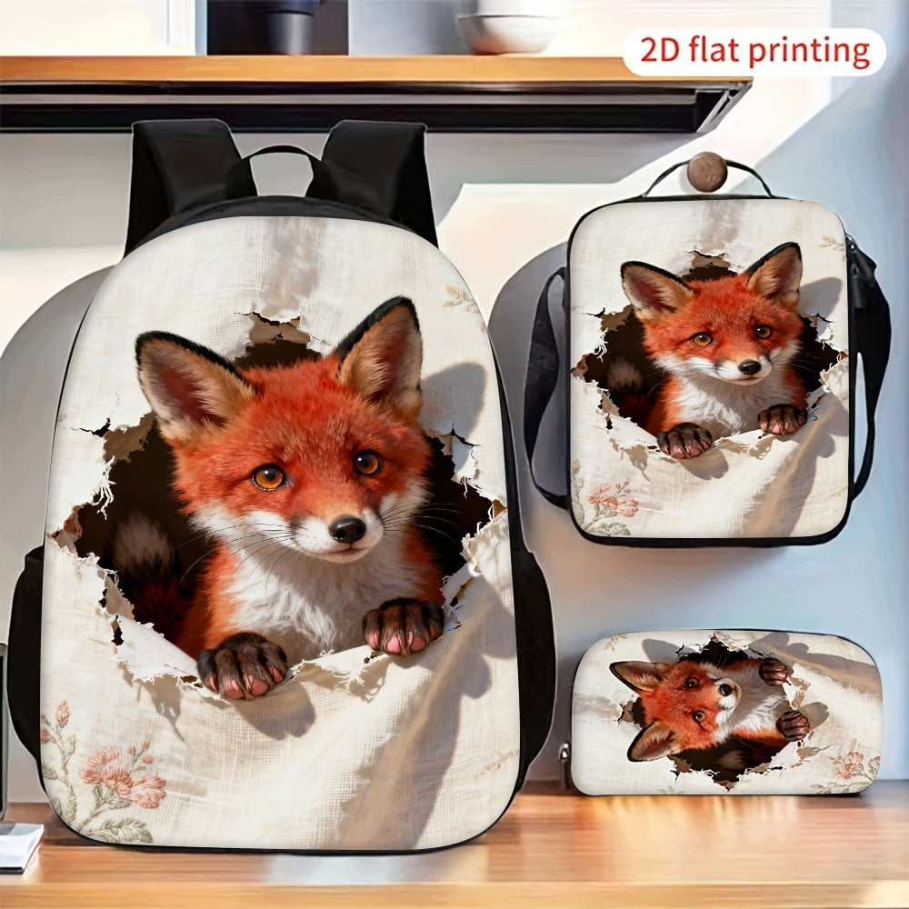 Cute Red Fox Peeking Through Fabric Pattern Backpack Set