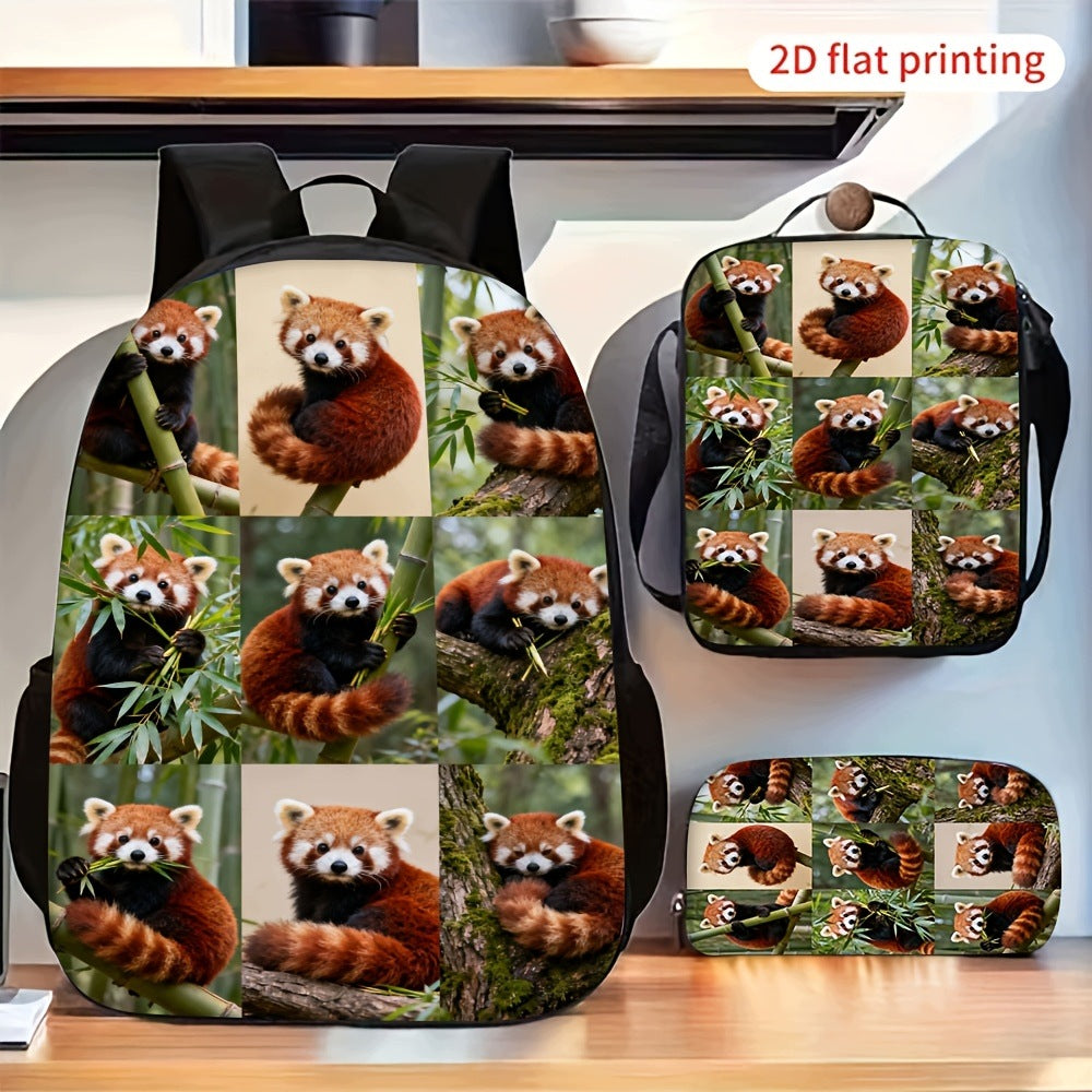 Cute Red Panda 3-Piece Backpack Set with Pencil Case and Portable Bag
