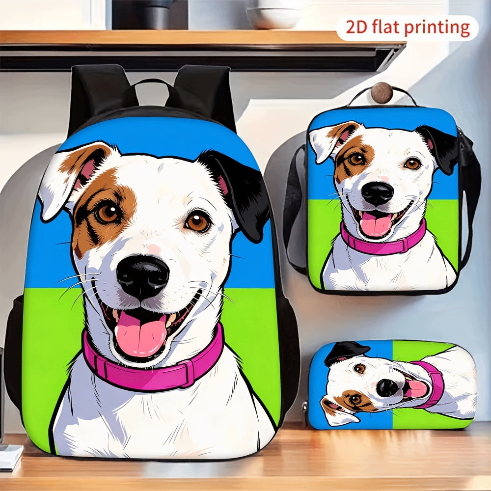 Cute Smiling Dog Print Backpack Set with Lunch Bag and Pencil Case