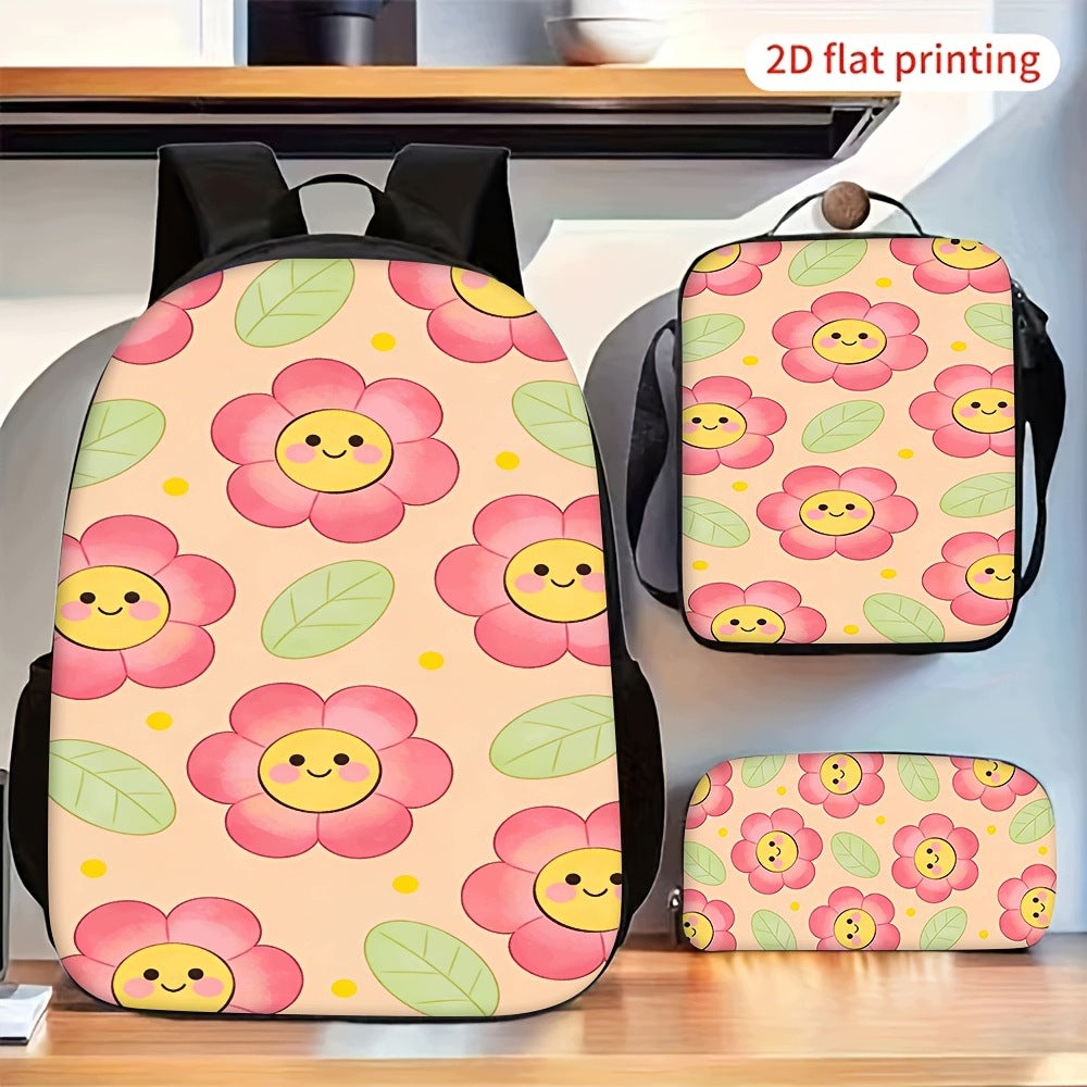 Cute Smiling Pink Flower Print Backpack Set with Shoulder Bag