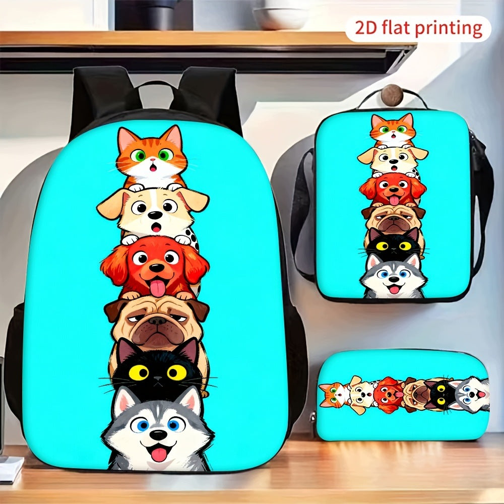Cute Stacked Cartoon Dogs Cats Print Backpack Set with Crossbody Bag and Pencil Bag