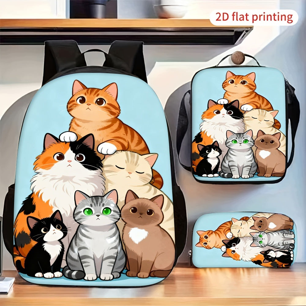 Cute Stacked Cat Print Backpack Set with Matching Small Bags