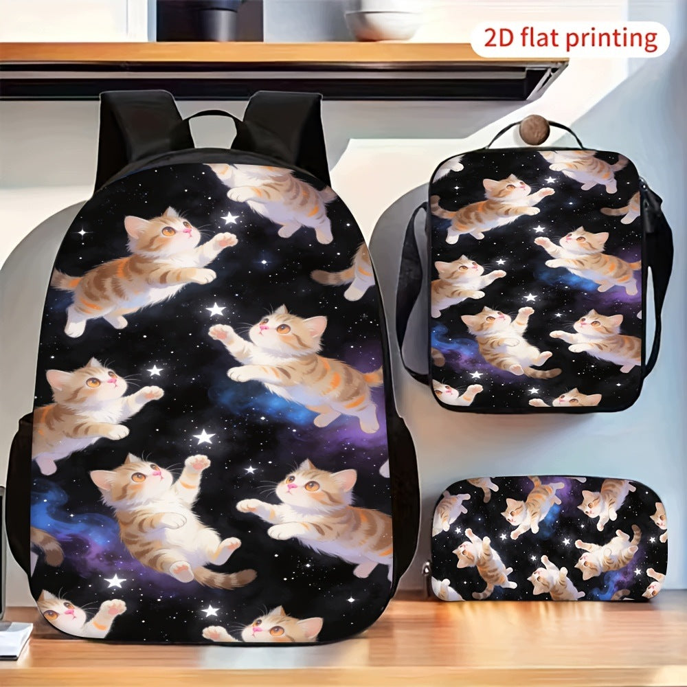 Cute Starry Sky Cat Print Backpack Set with Lunch Bag