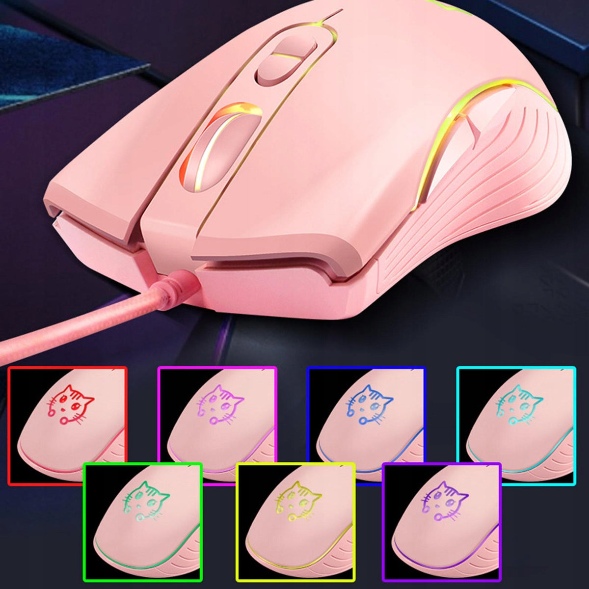 Cute USB Gaming Mouse Breathing Lights Anti Slip 6 Button RGB Mute Pink Packaging status original