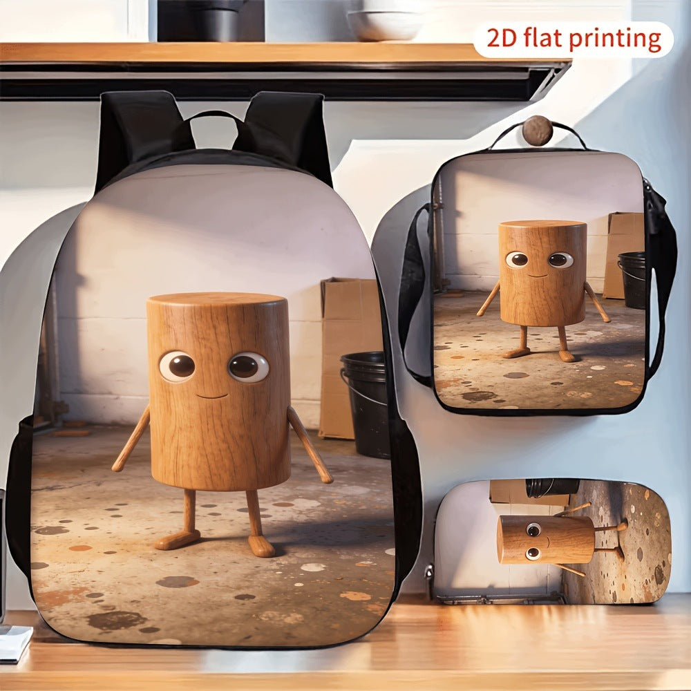Cute Wooden Cylinder Print 3-Piece Backpack Set with Lunch Bag and Pencil Case
