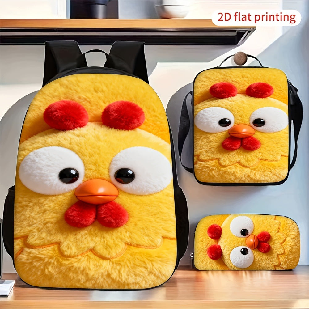 Cute Yellow Chick Pattern Backpack with Crossbody Bag & Stationery Pouch