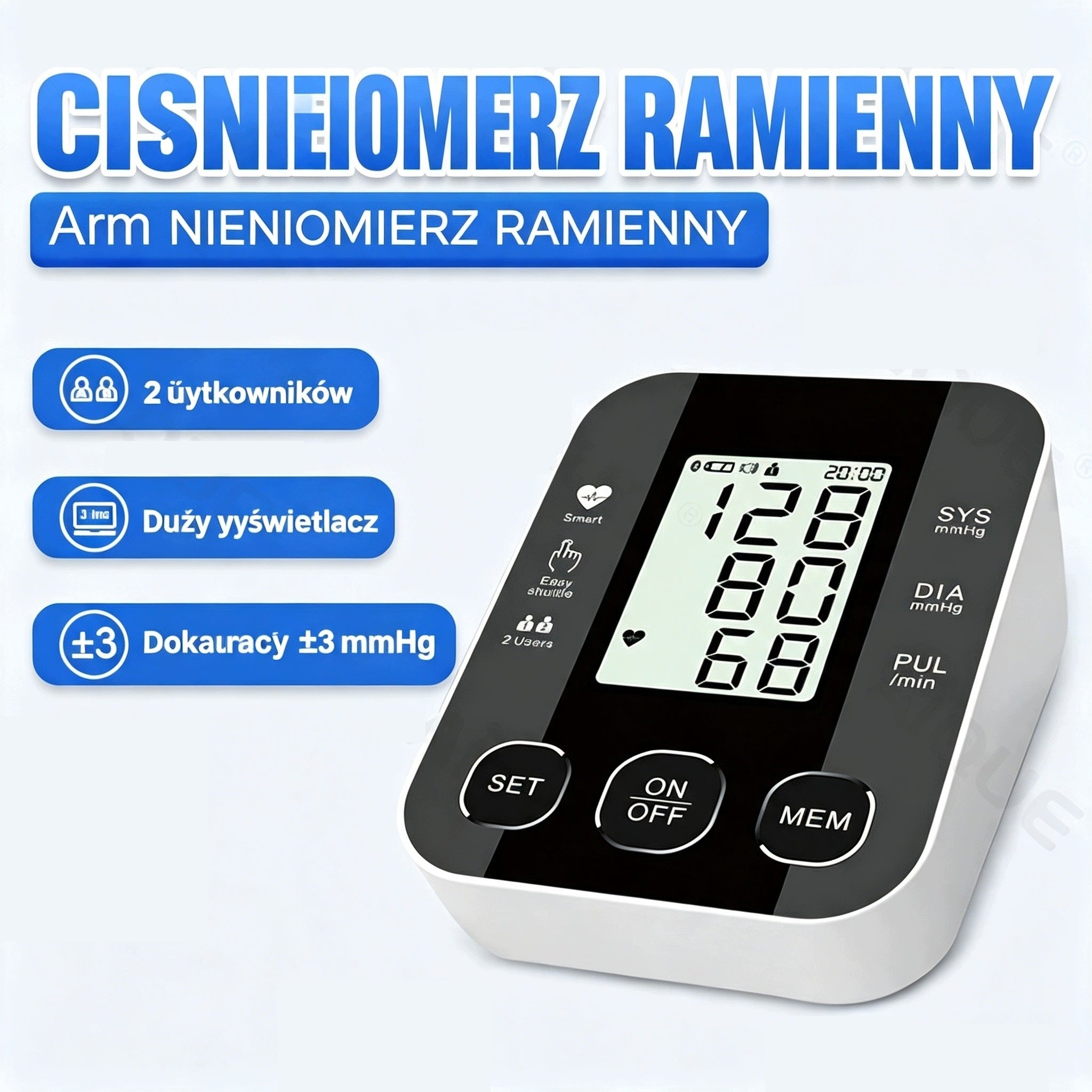 Cyfrowy ciśnieniomierz ramienny, duży ekran, pamięć pomiarów dla dwóch osób