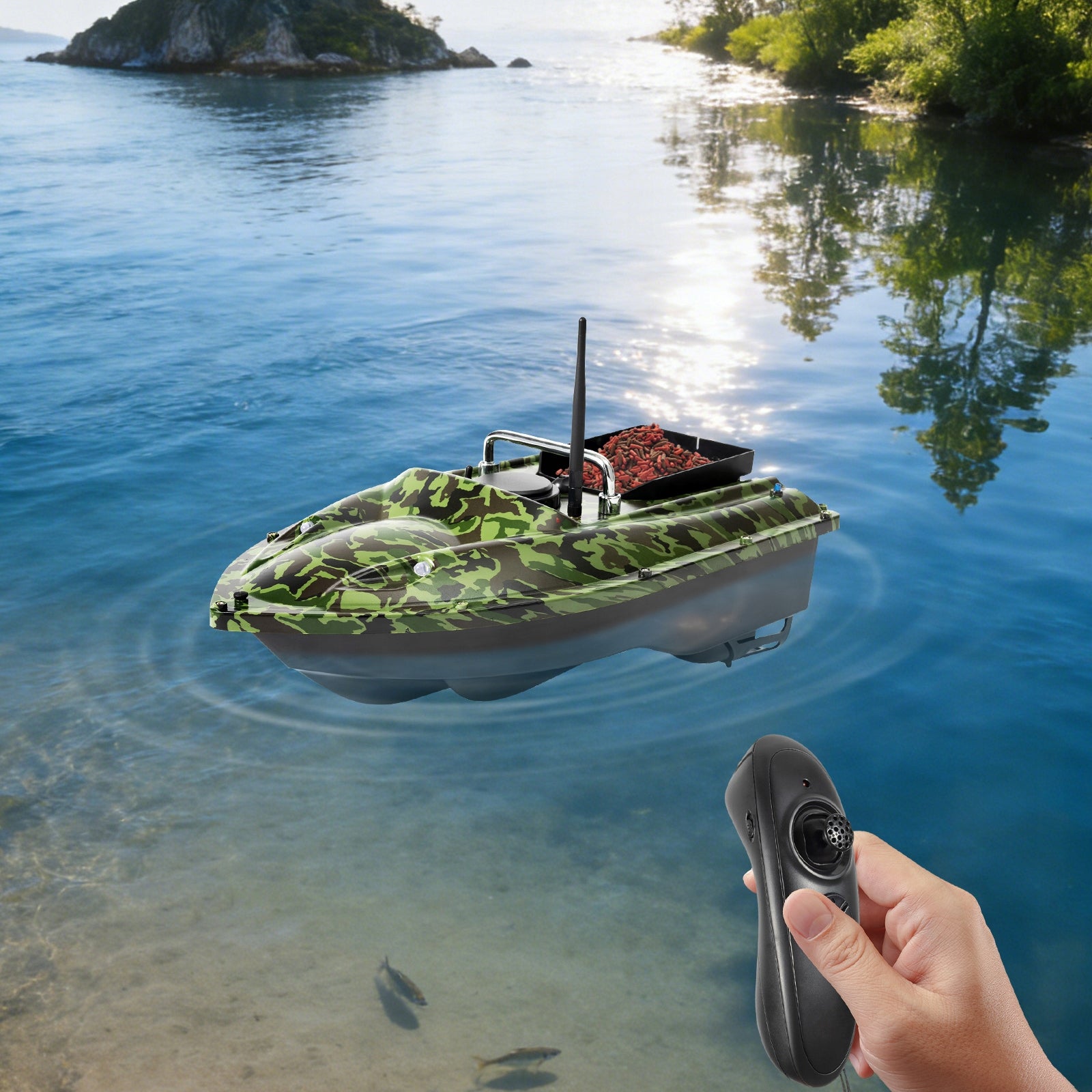 D16 Fishing Bait Boat with 500m Remote Control 1.5kg LED Lights Model ŁÓDKA ZANĘTOWA D16 400-500M KOLOR KAMUFLAŻU