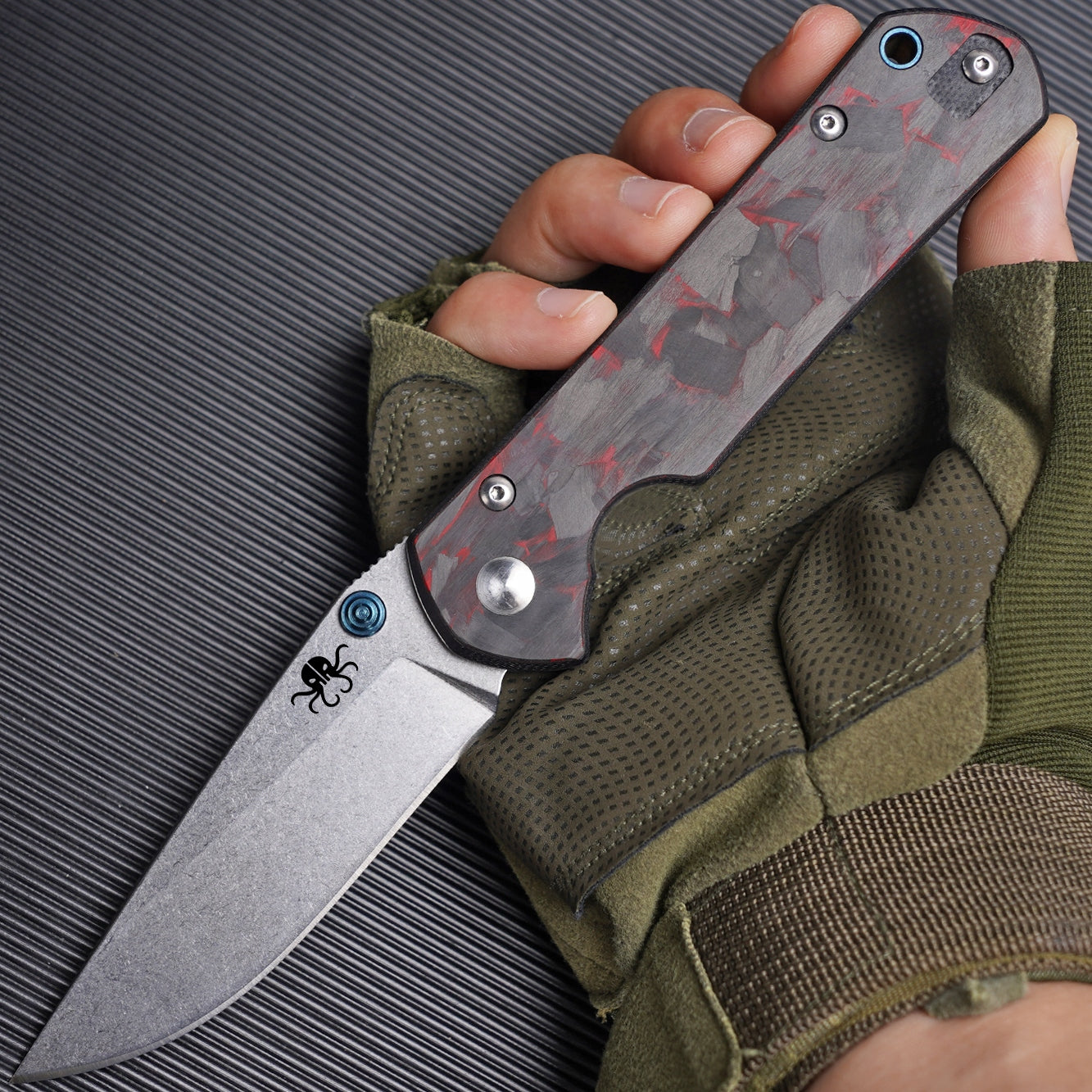 D2 Blade Carbon Fiber Handle Portable Camping Hiking Folding Knife Red Packaging status original
