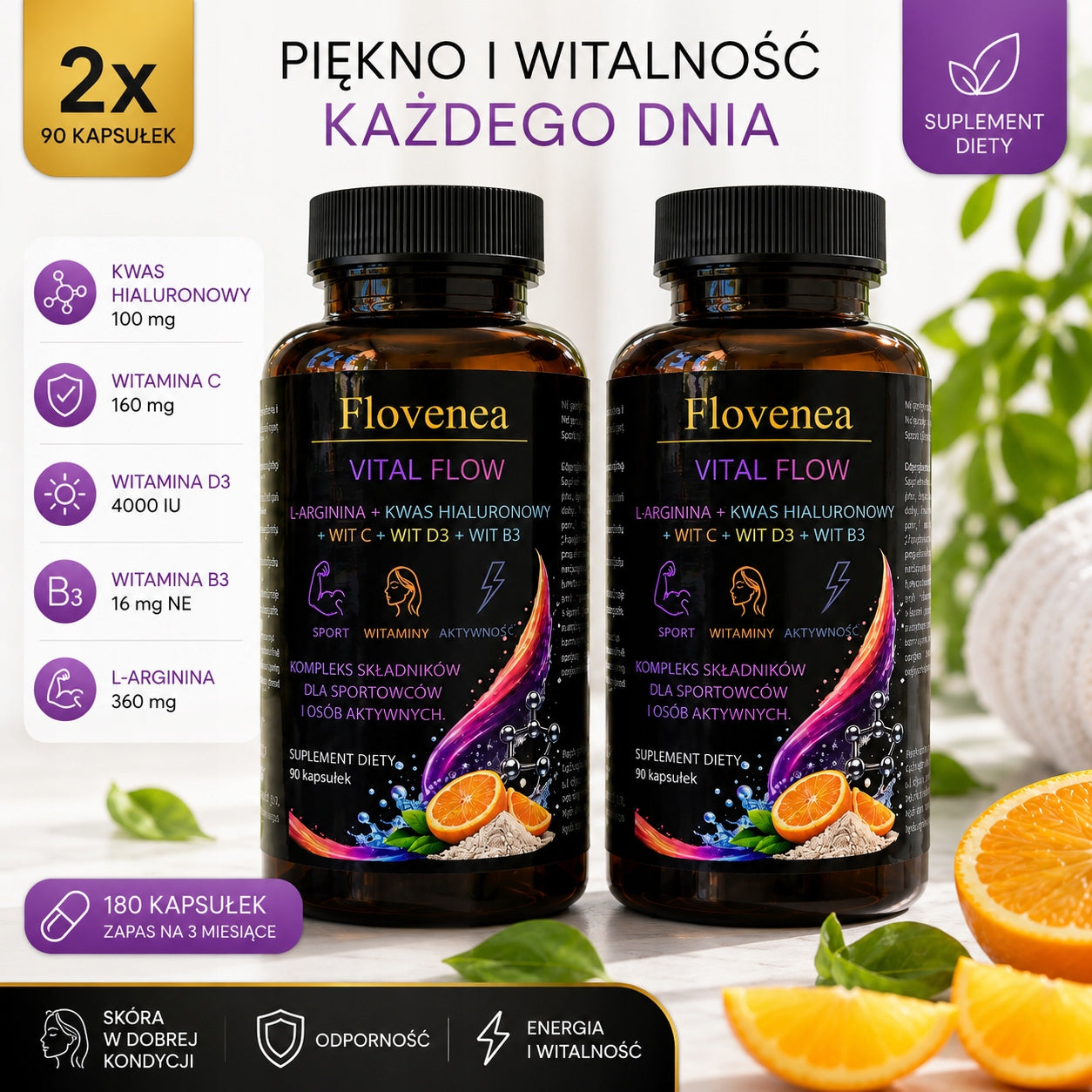 D3 4000 B3 HYALURONIC ACID C L-ARGININE SKIN JOINTS BONES Flovenea Packaging status original