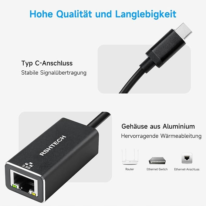 DA444 RSHTECH USB-C to 2.5G LAN Adapter, USB-C to RJ45 Gigabit 2.5G Interface USB