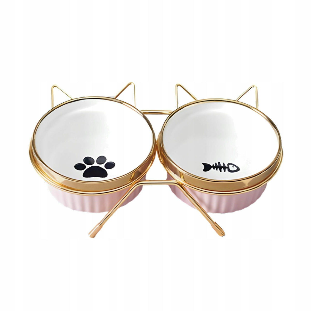 DA539A SET OF 2x300ml DOG CAT BOWL ON STAND CERAMIC PINK GOLD