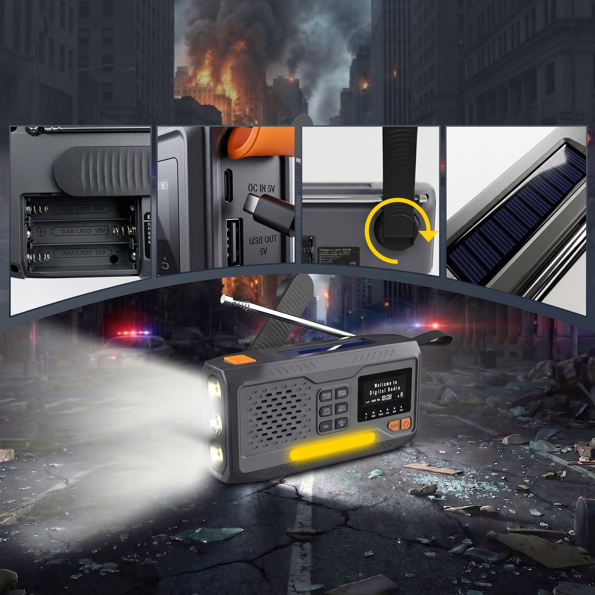 DAB+ FM CRANK RADIO Solar Emergency Dynamo Flashlight Powerbank 4500mAh Manufacturer code EX.98451