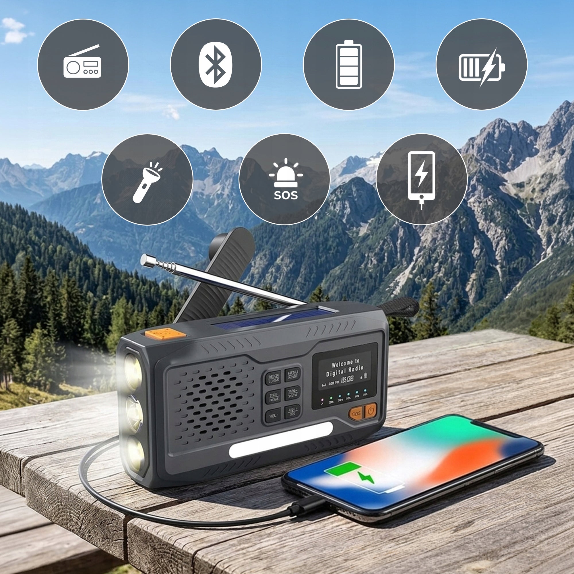 DAB+ FM CRANK RADIO Solar Emergency Dynamo Flashlight Powerbank 4500mAh Packaging status original