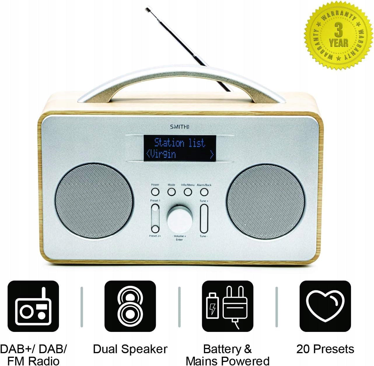 DAB+ Network-Battery Radio, FM Smith Style SILVER VINTAGE OAK Brand no brand
